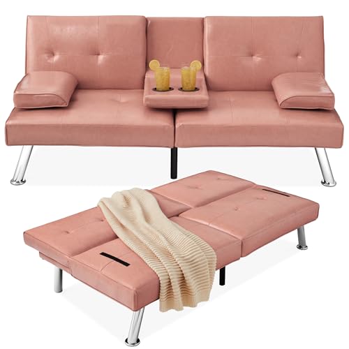 Best Choice Products Faux Leather Upholstered Modern Convertible Futon, Adjustable Folding Sofa Bed, Guest Bed w/Removable Armrests - Blue