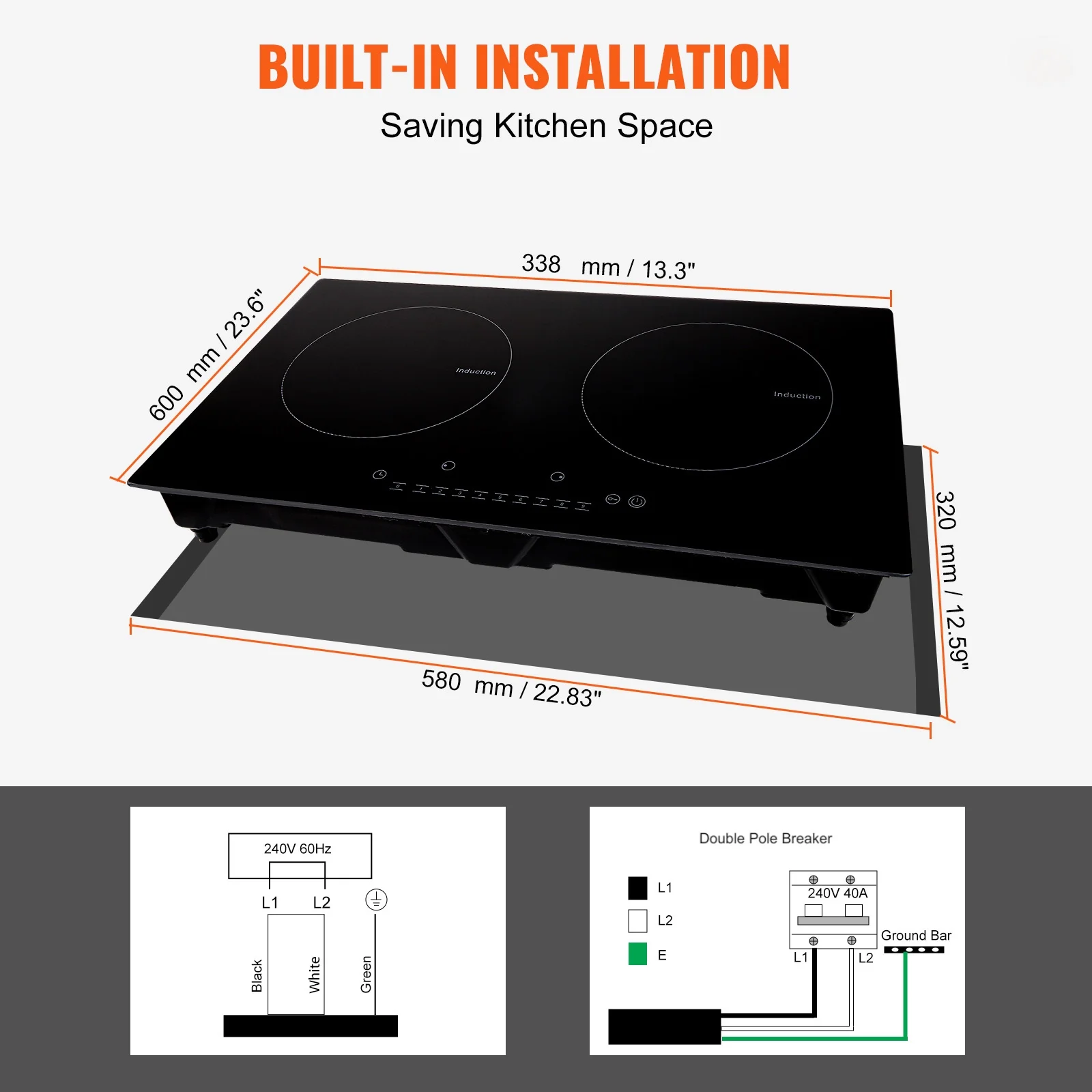 SKYSHALO 2 Burners Ceramic Glass Stove Top Touch Control 24 inch Electric Cooktop