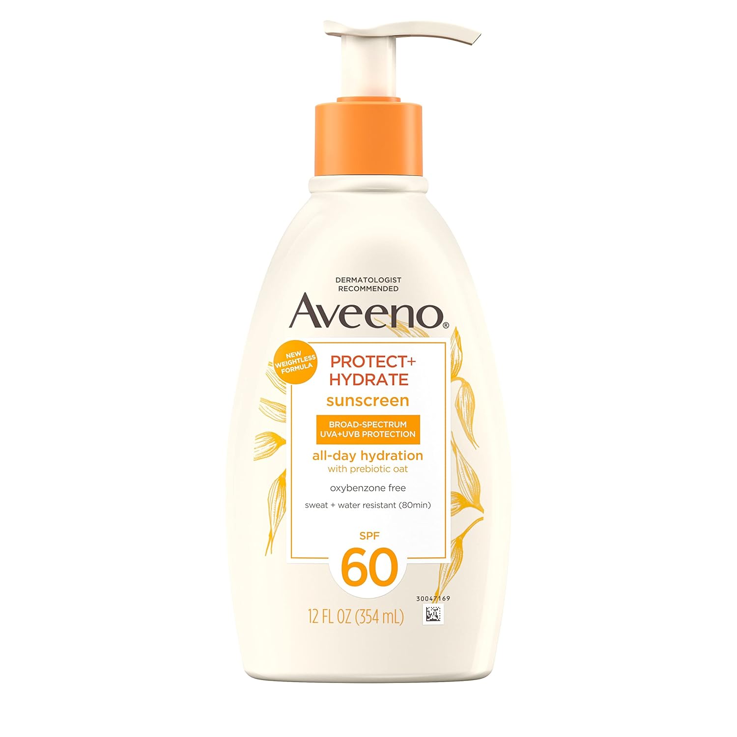 Aveeno Protect + Hydrate Sunscreen Moisturizing Body Lotion with Broad Spectrum SPF 60 and Prebiotic Oat, Weightless, Paraben, Oxybenzone, and Oil Free Sunscreen, 12 FL OZ