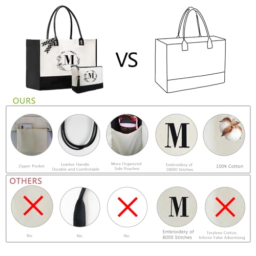 BeeGreen Mother's Day Gifts Personalized Women's Large White and Black Canvas Tote Bag, Embroidered Initials, Leather Handle, Zipper Closure