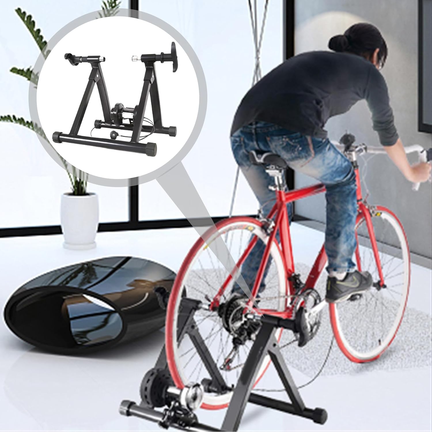 Bike Trainer Stand for Indoor Riding | Magnetic Flywheel Silent Stationary Bike Converter | Folding Portable Stand for All-Season Training Fitness, 1, Black