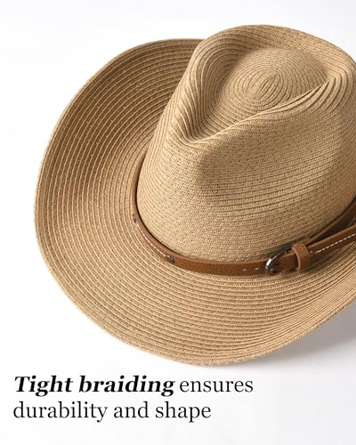 FURTALK Straw Cowboy Sun Hats for Women Men Western Cowgirl Hats with Wind Lanyard UPF 80+ Beach Hat