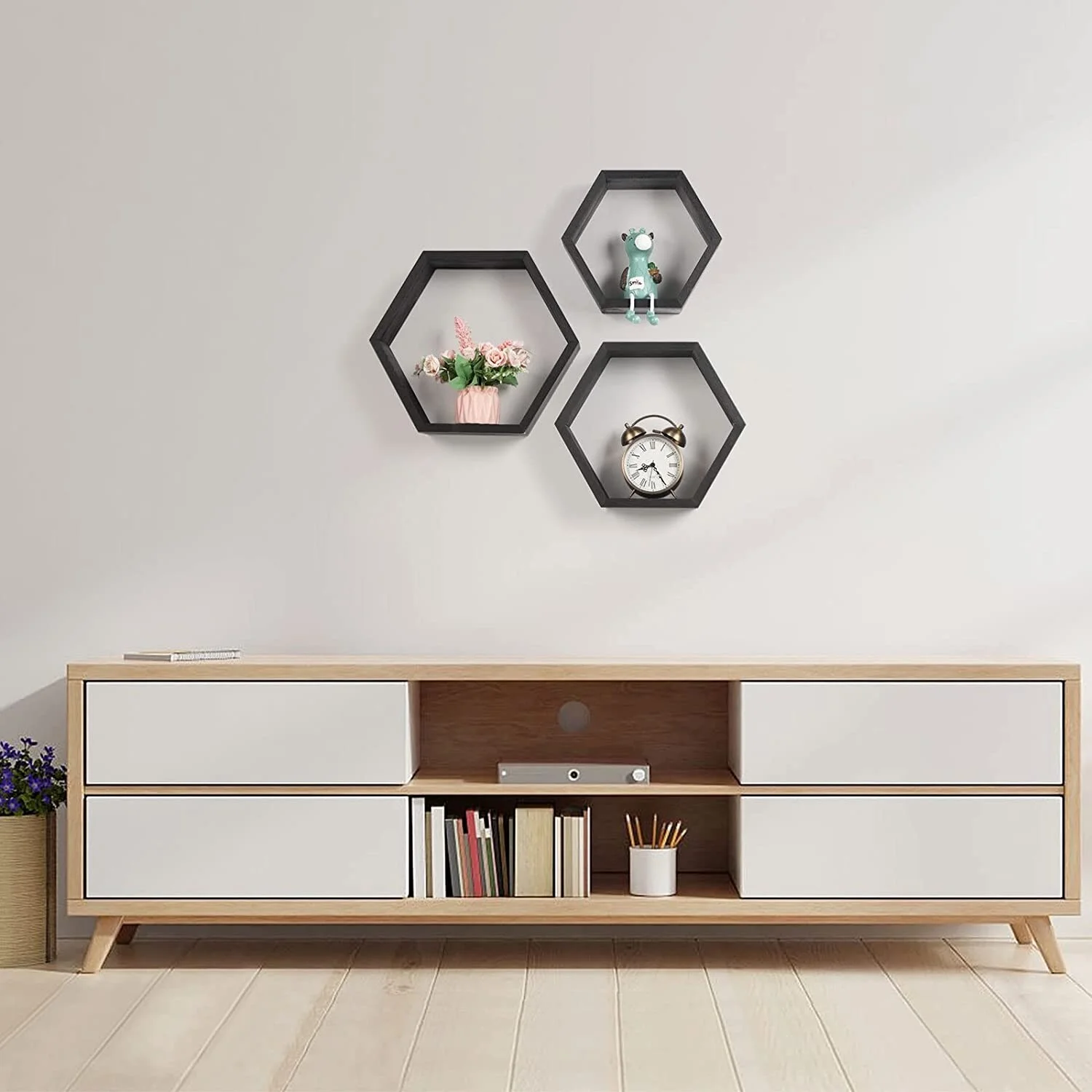 Set of 3 Wooden Hexagon Rustic Floating Shelves Shelves in Black Black
