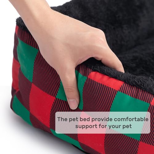 Hollypet Printed Flannel Rectangle Plush Dog Cat Bed Self-Warming Pet Bed, Christmas Red and Green Check