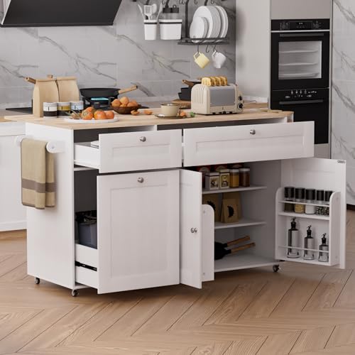 Kitchen Island on Wheels with Trash Can Storage, Rolling Kitchen Island with Drop Leaf and Power Outlet, Rolling Island Cart for Kitchen with Spice Rack & Towel Rack, Storages Cabinet, Drawers (White)
