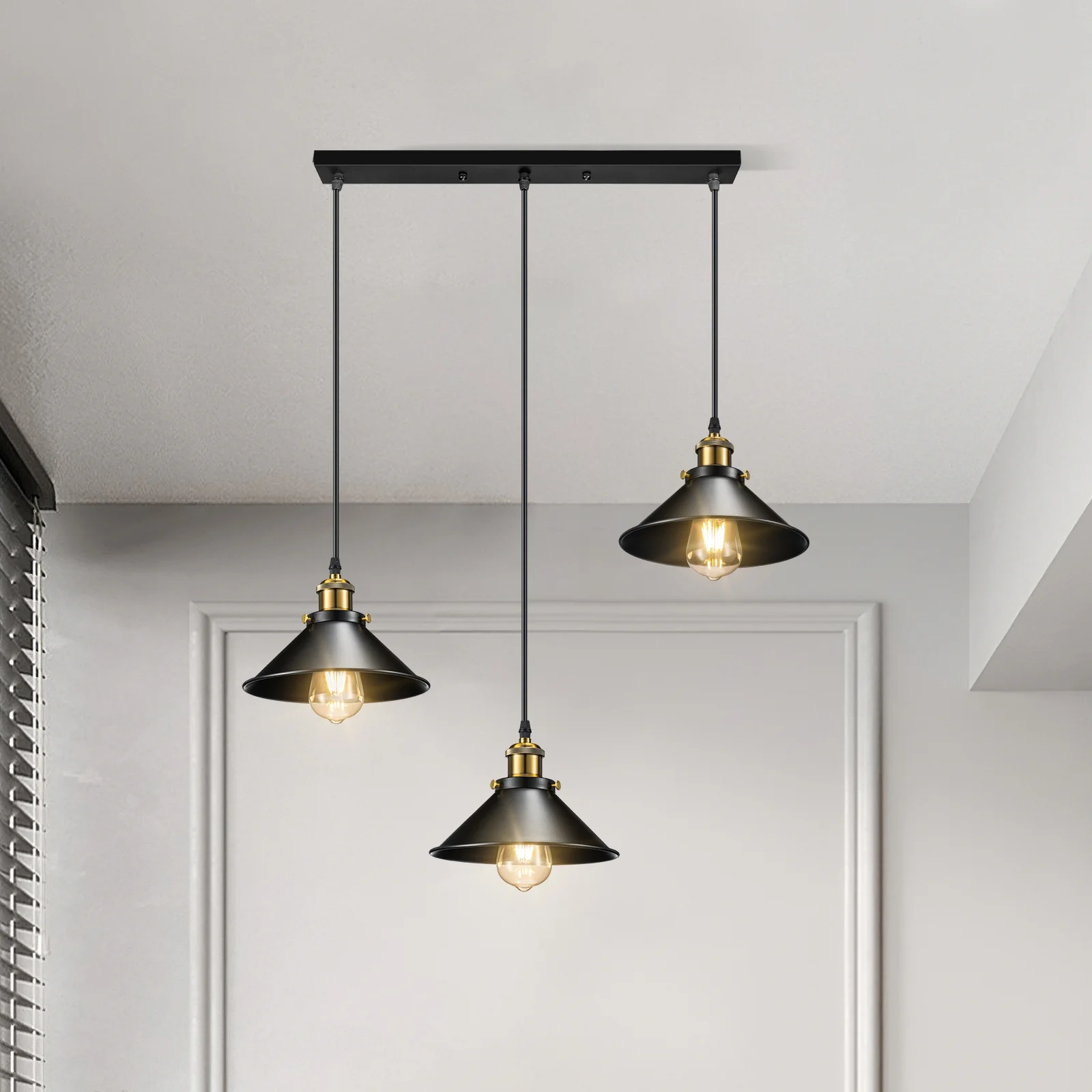 NookNova 3-Light Pendant Light Fixture, Matte Brushed Metal Cage Finish Industrial Hanging Light Fixtures, E26 Farmhouse Vintage Dining Room Light Fixtures Over Table for Kitchen Island, Hallway,Black