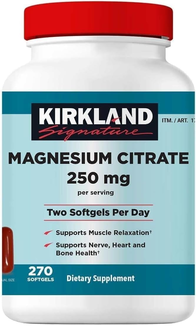Kirkland Signature Magnesium Citrate 250mg, Supports Muscle Relaxation, Nerve, Heart and Bone Health, 270 Softgels