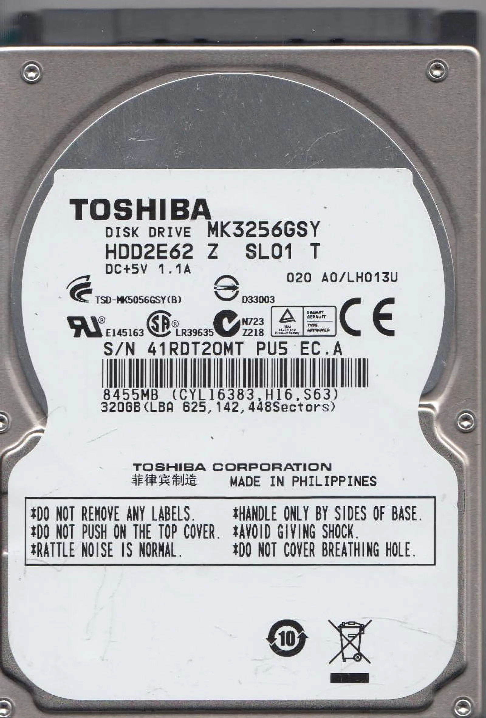 MK3256GSY, A0/LH013U, HDD2E62 Z SL01 T, Toshiba 320GB SATA 2.5 Hard Drive