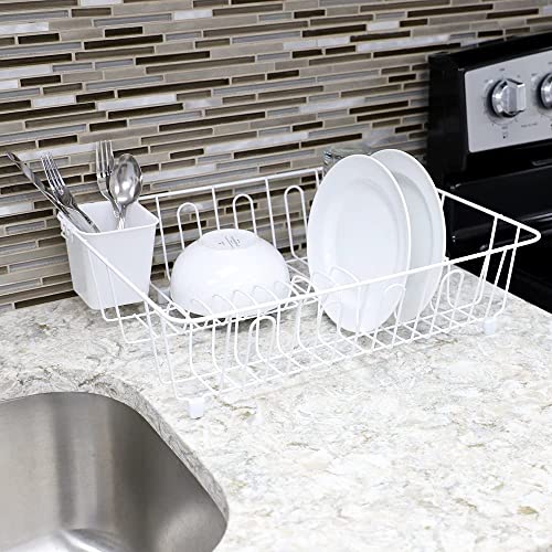 Home Basics Vinyl Coated Wire Dish Drying Rack with Square Utensil Holder, (Black) Countertop Dish Drainer | Padded Feet to Protect Countertops | Dual Side Drinkware Space