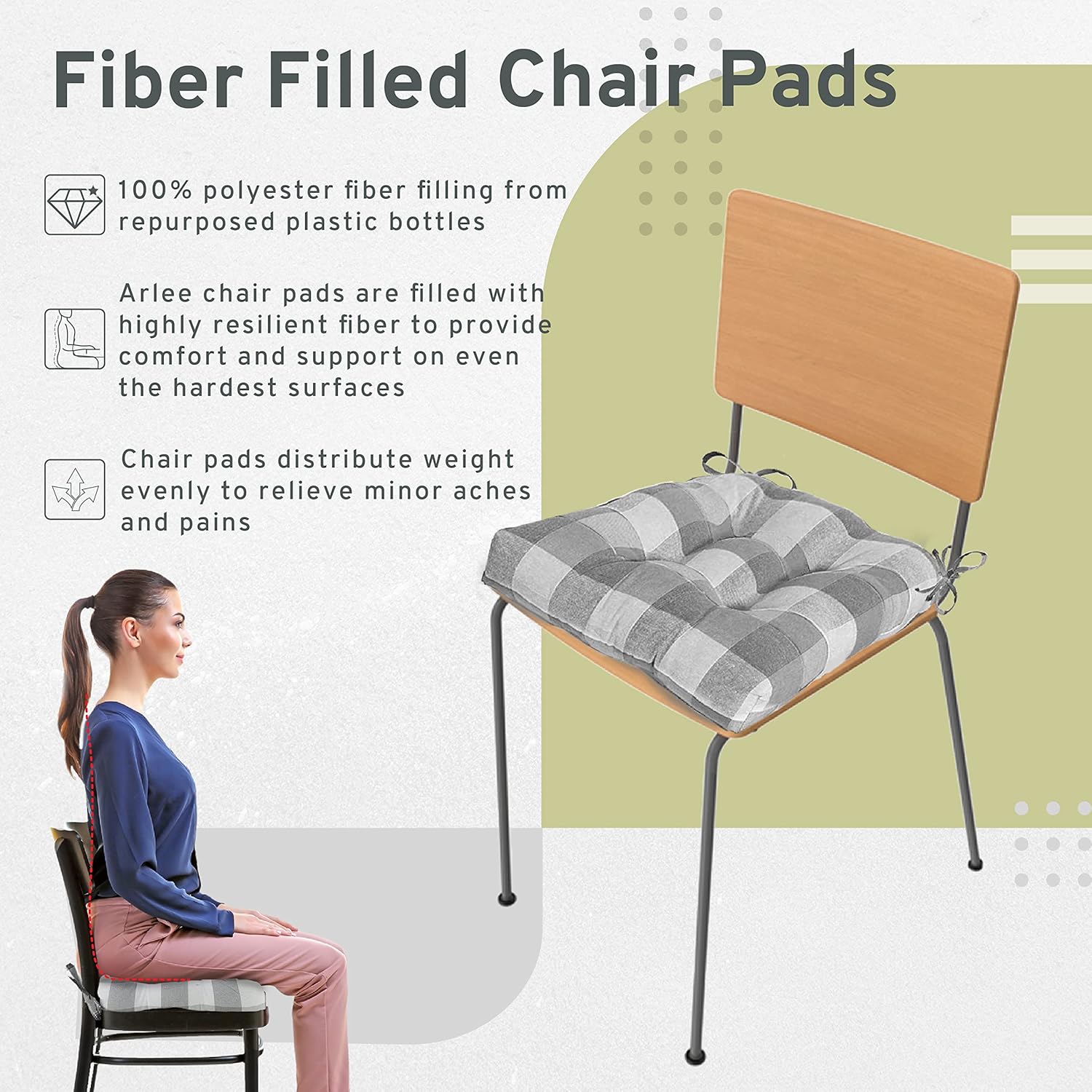 – Fiber Filled Premium Chair Pads - Chair Pads with Tiebacks –14” L X 15” W – Gray - Set of 4