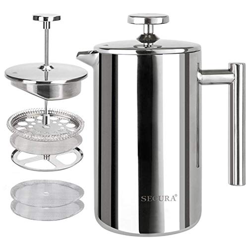 Secura French Press Coffee Maker, 304 Grade Stainless Steel Insulated Coffee Press with 2 Extra Screens, 34oz (1 Litre), Silver
