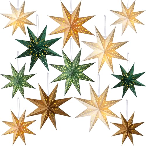 12 Pcs Christmas Paper Star Lantern 7/8/9 Points Sage Green Hanging Ornament 3D Neutral Star Lantern with String Light 12 and 17.72 Inch Hollow Lampshade for Xmas Party Decor(9 Pointed)