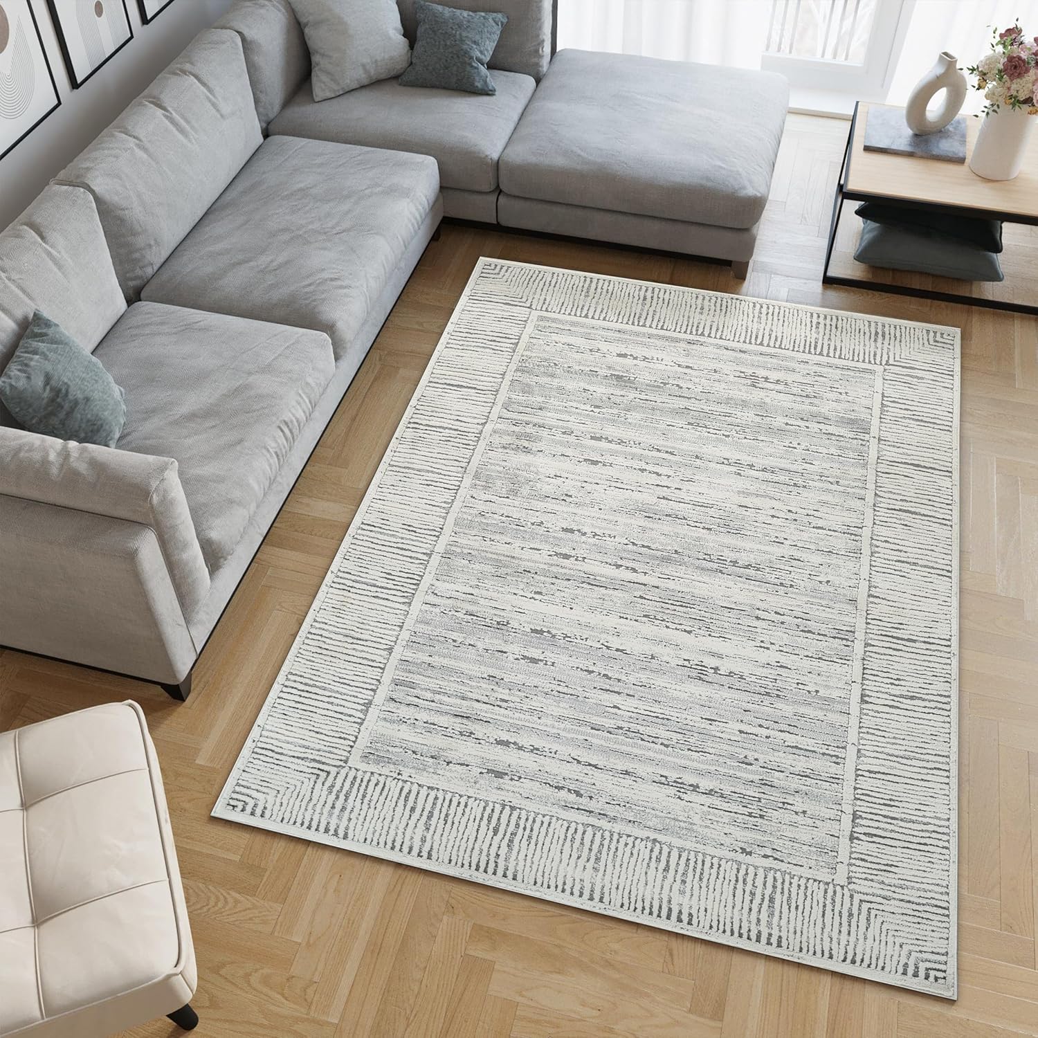 High-Low 8x10 Area Rug - Striped Design - Stain Resistant - Grey & Ivory - for Bedroom, Dining Room, Living Room