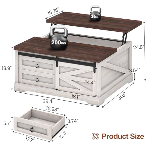 Itaar 39.4'' Lift Top Coffee Table with Storage, Farmhouse Coffee Tables for Living Room, Square Coffee Table with Large Hidden Compartment & 2 Drawers & Adjustable Shelves, White