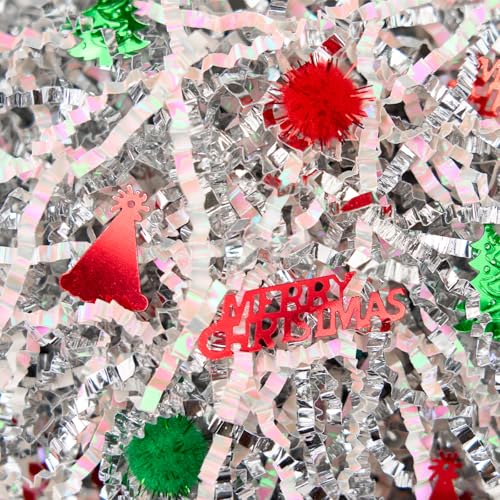 PAPER FAIR 1LB Metallic Red Green Christmas Crinkle Cut Paper Shred Filler w/Tree & Snowflake Confetti, Gift Wrap Packaging Raffia Tissue Strand, Craft Bedding Cushion, Winter Birthday Box Basket
