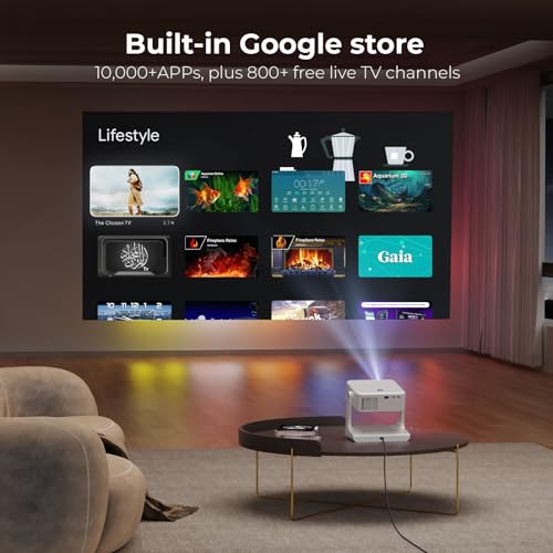 [1200 ANSI/Google Store/Voice Control] 4K Outdoor Smart Projector with WiFi6 and Bluetooth, 10,000+ Apps, Portable Proyector, Sovboi 1080P Audio Phone Movie Home [180° Stand & 300 ''Display]