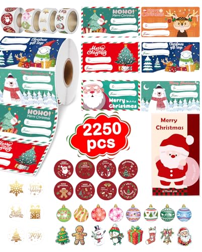 2250Pcs Christmas Gift Tags - Christmas Stickers Kit for Presents & Wrapping Paper | Stickers, Seals,Holiday Gifts Labels Xmas Decorations for Mom Teacher Son Daughter