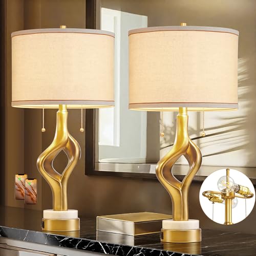 26” Modern Table Lamp Set of 2 for Living Room Bedroom, Gold Sculptural Table Lamp with 2 USB Ports, Resin Desk Lamps Marble Base with Double Pull Chains for Bedside End Tables, Bulb Included
