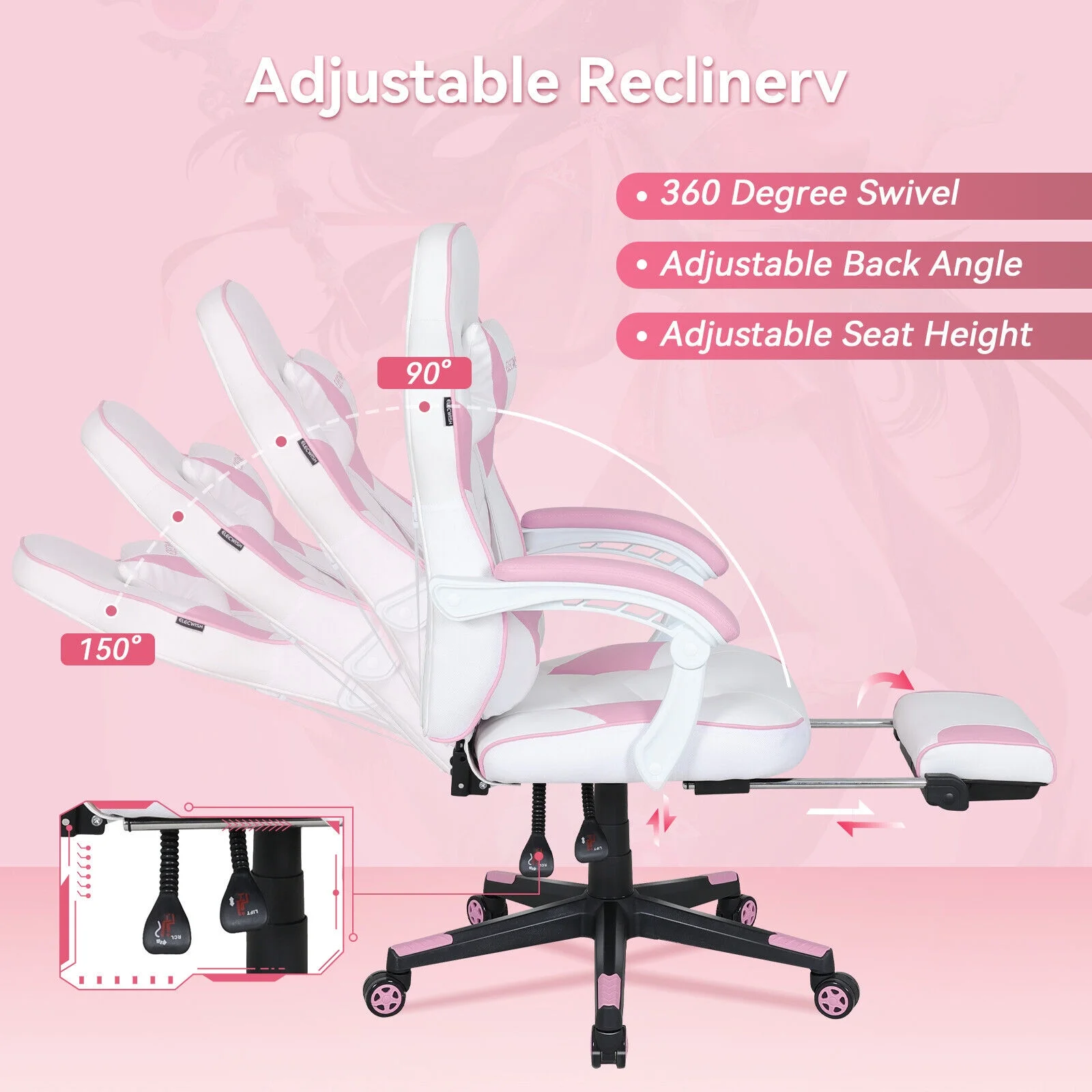 FULLWATT Video Gaming Chair Office Chair Ergonomic PC Computer Chair Reclining Racing Chair with High Back Swivel Executive Office Desk Chair with Extendable Footrest Adjustable Lumbar Pillow Pink