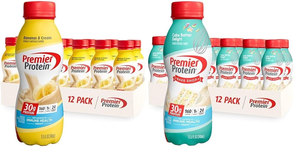 Premier Protein Shake, Bananas & Cream and Cake Batter Flavors, 30g Protein, 1g Sugar, 24 Vitamins & Minerals, 12 and 12 Count