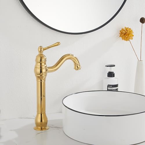 GGStudy 360° Swivel Antique Brass Bathroom Vessel Sink Faucet Single Handle One Hole Matching with Pop Up Drain