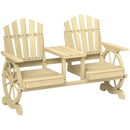 Outsunny Wooden Garden Bench with Table, Umbrella Hole, 2-Seat Wagon Wheel Outdoor Bench with Slatted Seat, High Backrest, Armrests for Backyard, Patio, Garden, Carbonized