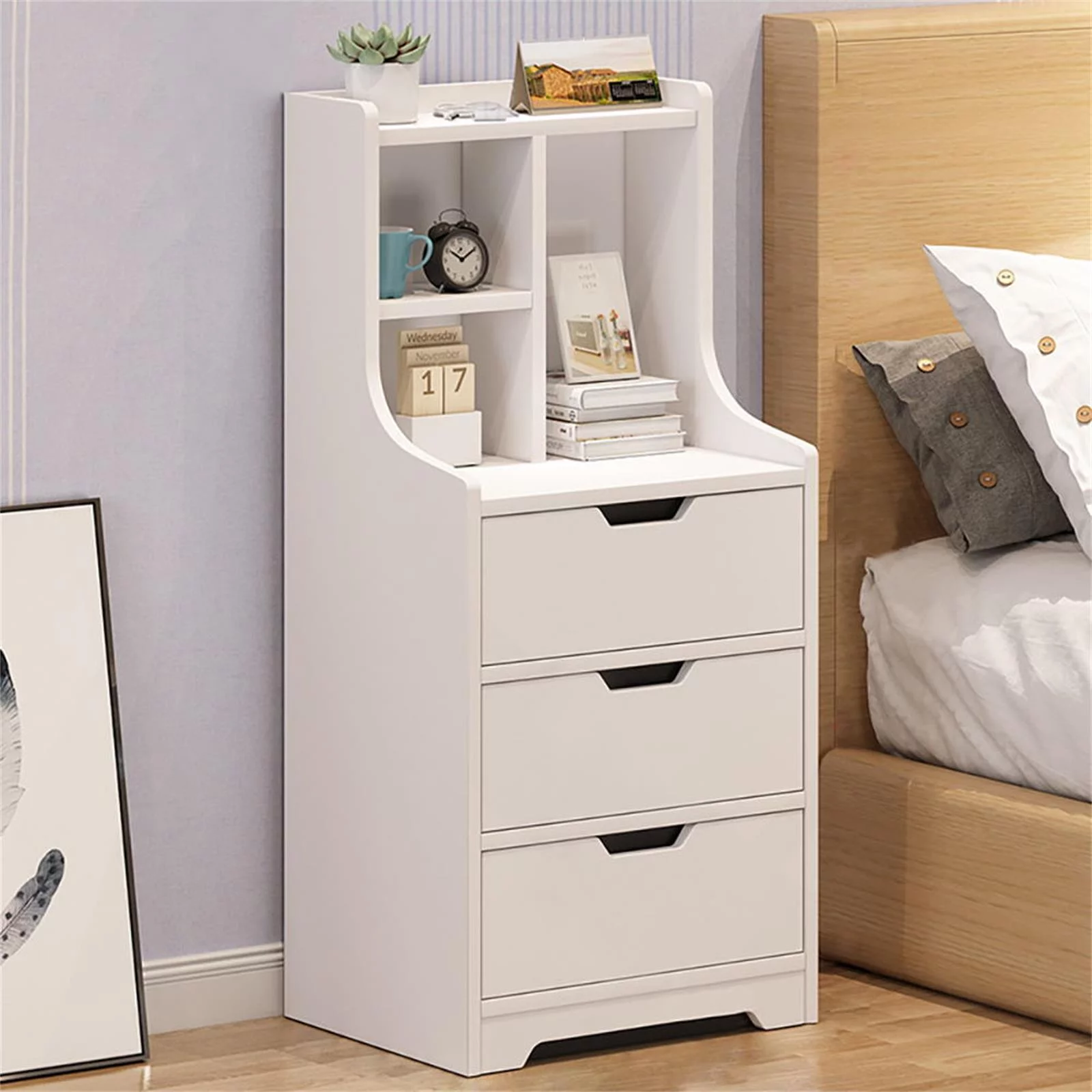 Wuzstar 3 Drawers Nightstand Modern White Dresser Wood End Table Bedside Shelf for Living Room Bedroom