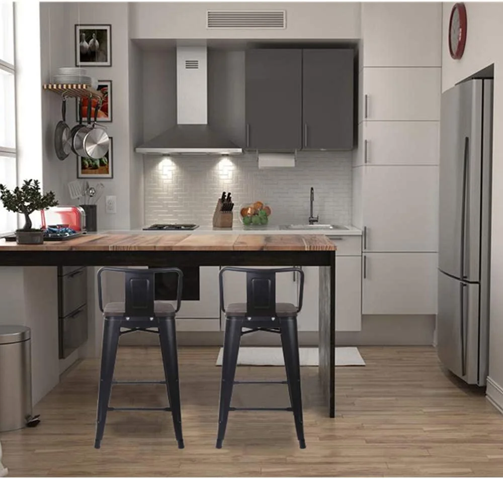 Leejay Black 24 inch Low Back Counter Height Metal Barstool with Dark Wood Seat, Set of 6