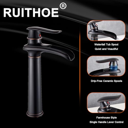 Bathroom Vessel Sink Faucet, Waterfall Oil Rubbed Bronze Bathroom Faucet, Vessel Faucet, Tall Body 1 Hole Single Handle with Pop Up Drain Combo Vanity Mixer Tap Basin Bowl Sink