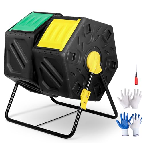 Dual Chamber Compost Tumbler for Garden and Outdoor, 37 Gallon High Volume Composter with 2 Sliding Doors, Black