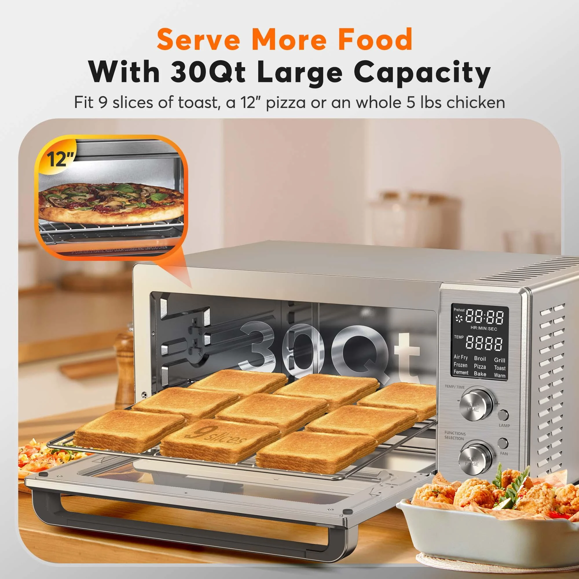 MOOSOO 30Qt Air Fryer Toaster Oven, Stainless Steel Air Fryer Oven, Knob Control, 9 Air Frying Preset Modes