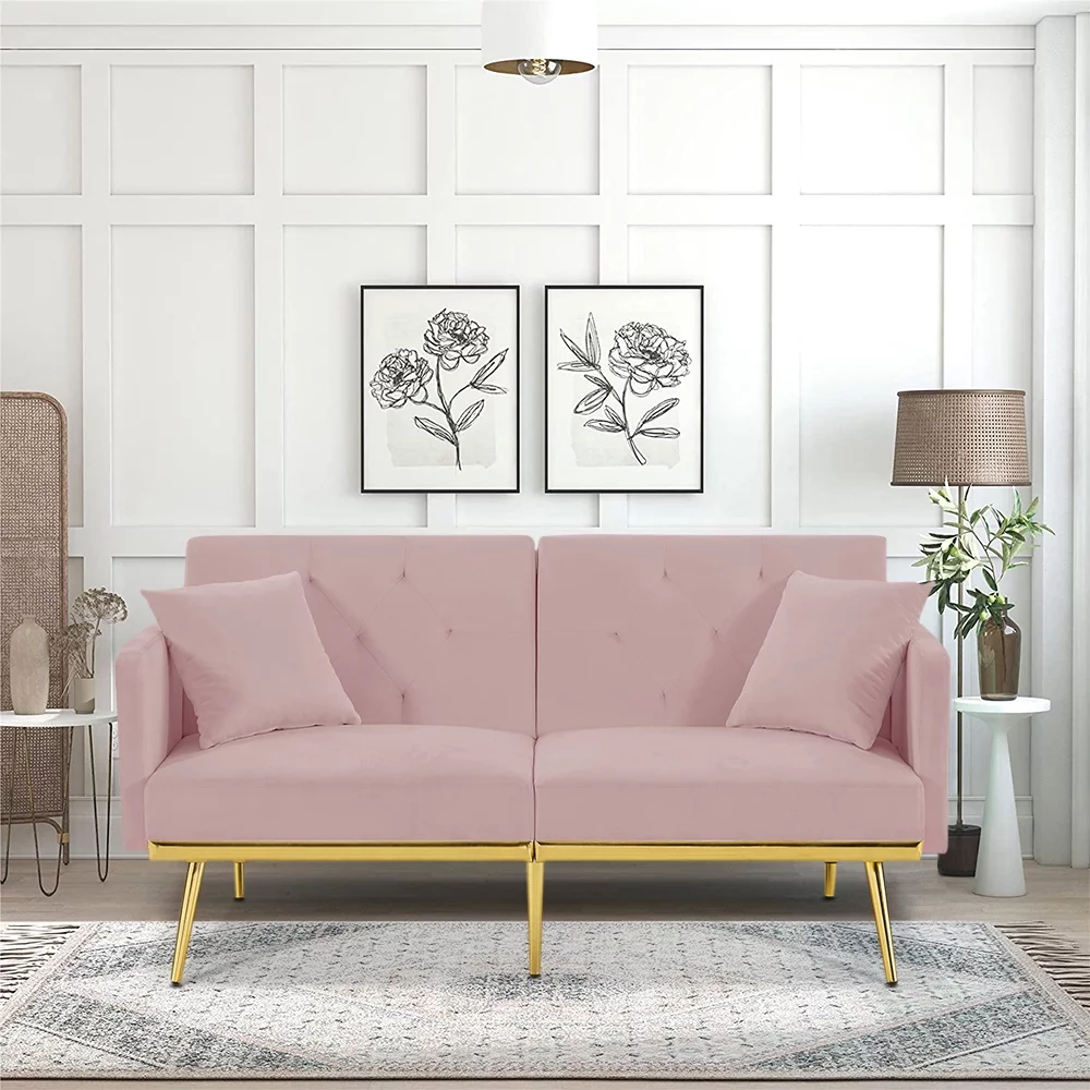 Pink Velvet Futon Couch, Folding Sleeper Sofa, Sofa Couch Bed with 2 Pillows, Modern Upholstered Loveseat Sofa with Gold Metal Legs, Sofa Bed for Living Room Bedroom, Furniture for Small Space Office