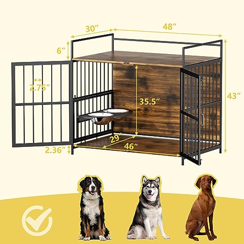 ROOMTEC Furniture Style Large Dog Crate with 360° & Adjustable Raised Feeder for Dogs 2 Stainless Steel Bowls -End Table House Pad, Indoor Use,41