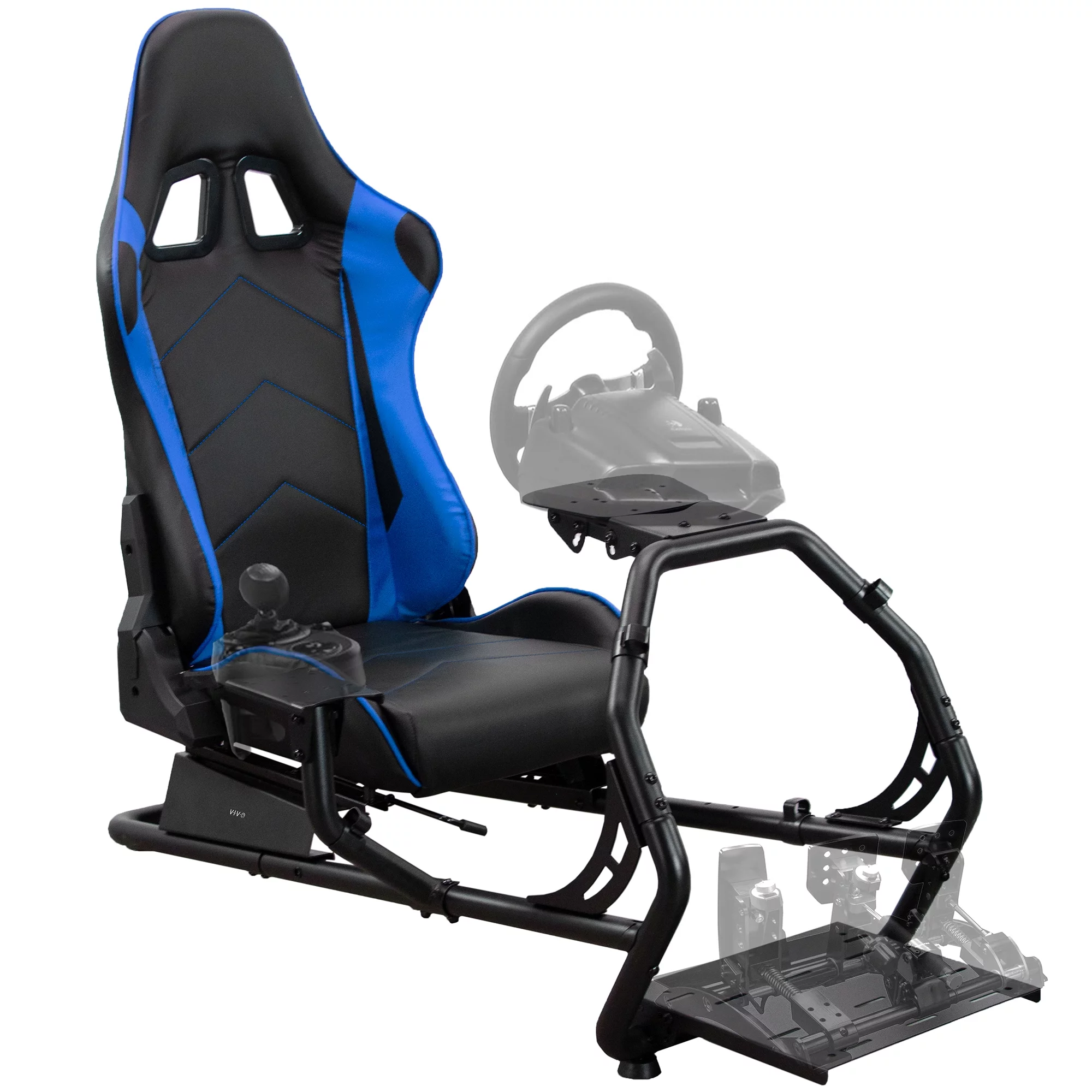 VIVO Black + Blue Racing Simulator Cockpit with Wheel Stand and Reclining Seat
