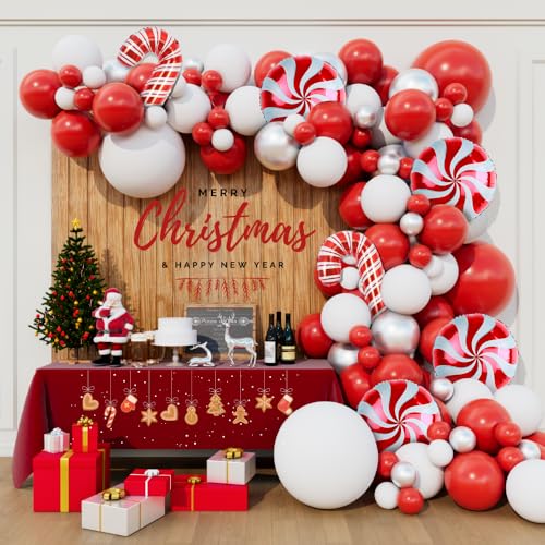 Christmas Balloon Garland Arch Kit 150pcs Red White Silver Balloons for Candy Merry Christmas Party Friendsmas Santa Claus Birthday Winter Holiday Party Decoration(Red White Silver)
