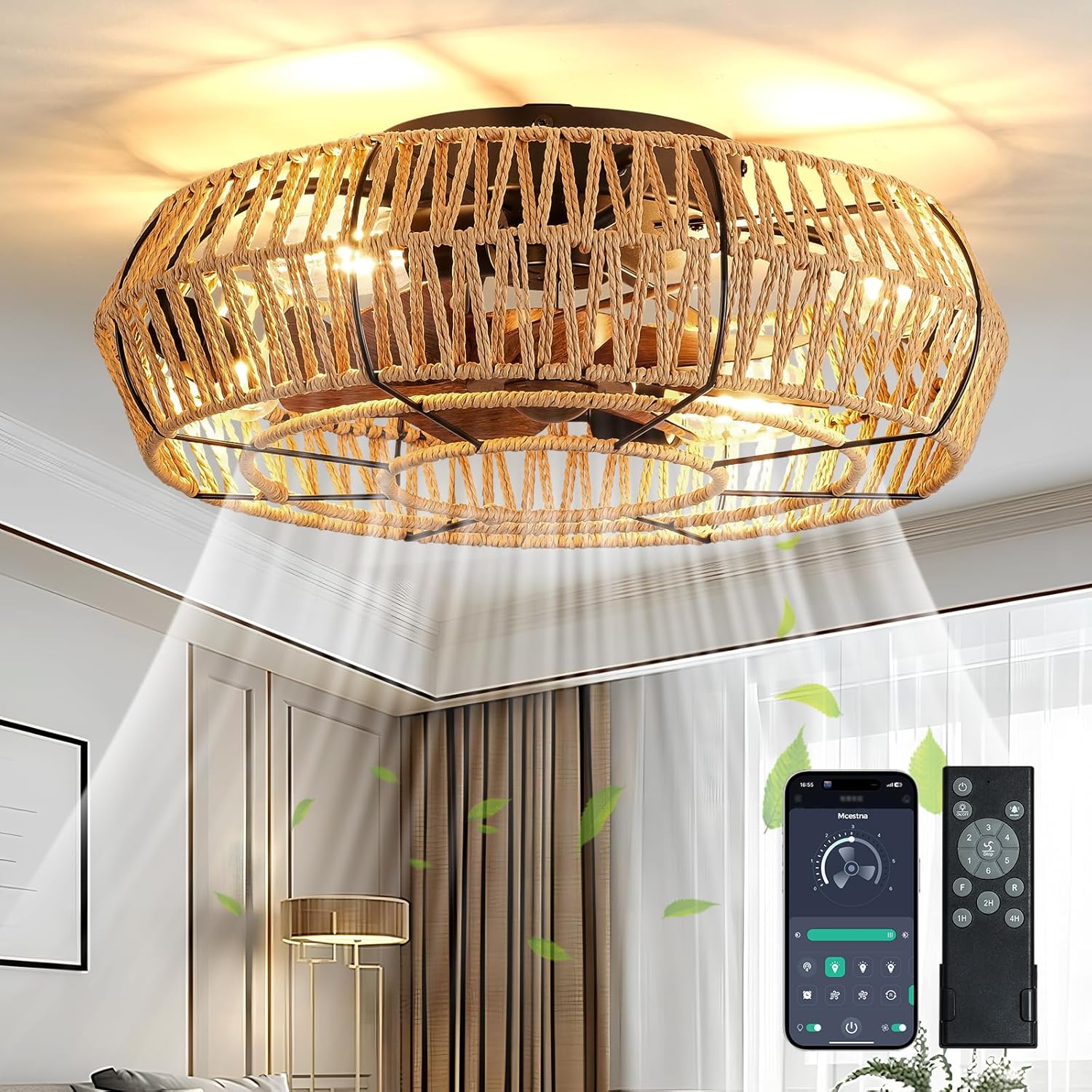 Boho Ceiling Fan with Lights - 20 Inch Flush Mount Ceiling Fan with Light and Remote/APP Low Profile Ceiling Light Enclosed Rattan Caged Ceiling Fan for Bedroom Living Room Farmhouse Indoor