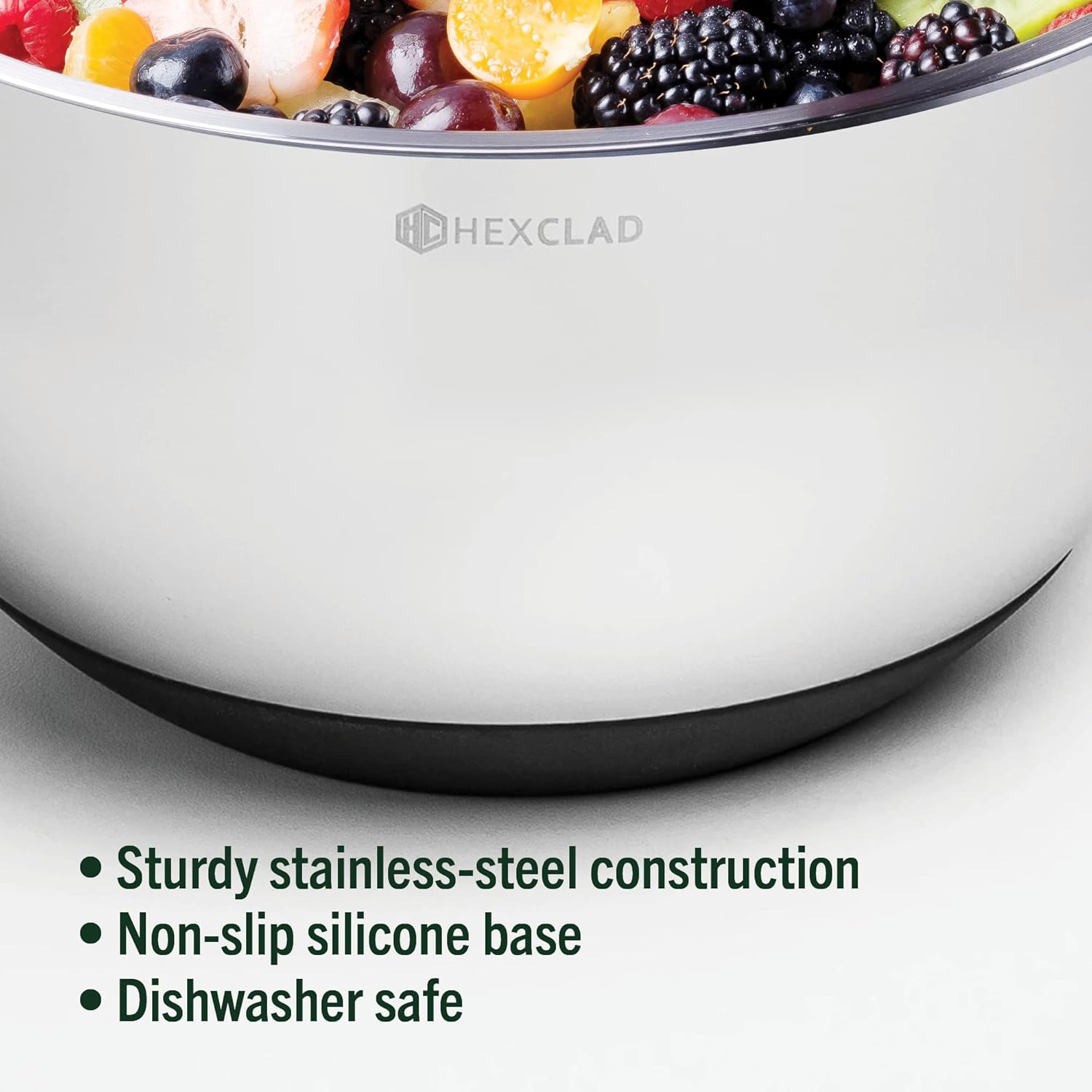 HexClad Stainless Steel Mixing Bowl Set, 3-Piece with Vacuum Seal Lids and Non-Slip Base, 1.3,3 and 5 Quarts