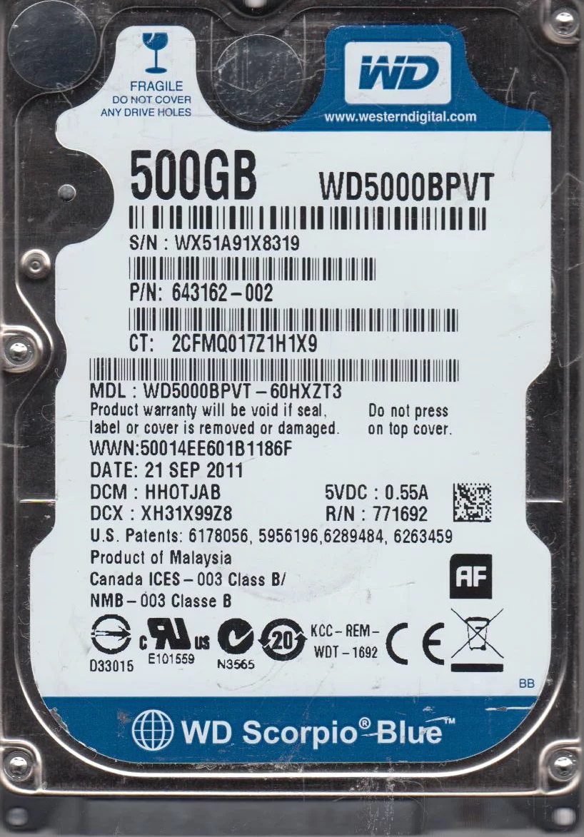 WD5000BPVT-60HXZT3, DCM HHOTJAB, Western Digital 500GB SATA 2.5 Hard Drive