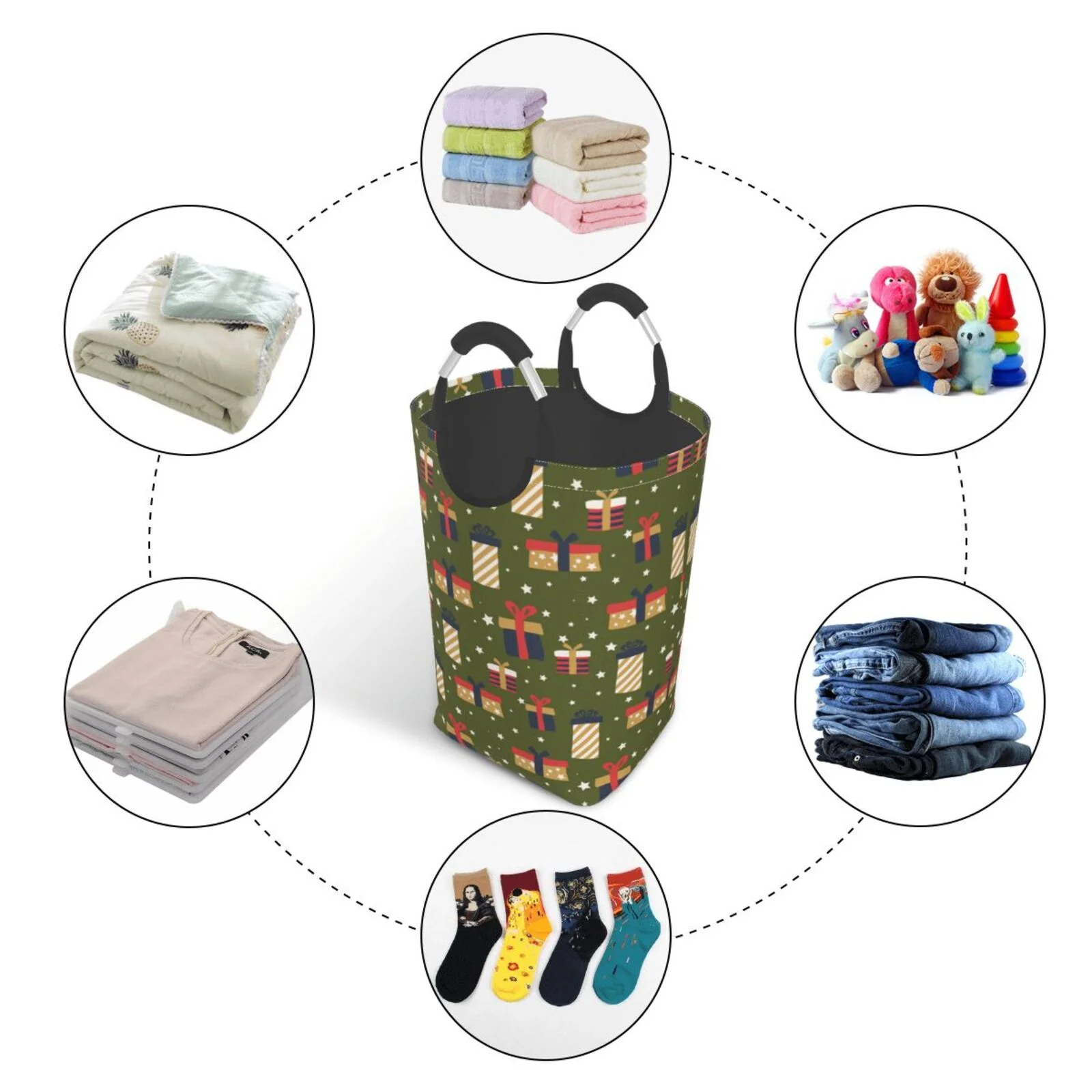 XMXT Collapsible Laundry Basket Hamper, Nice Christmas Gift Boxes Print Large Laundry Bag Clothes Hamper with Aluminum Handle, 50L