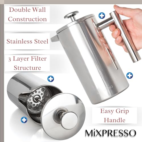Mixpresso Stainless Steel French Press Coffee Maker 27 Oz 800 ml, Double Wall Insulated French Press Stainless Steel, Easy Clean Tea Brewer, Easy Press Durable Metal Coffee Press