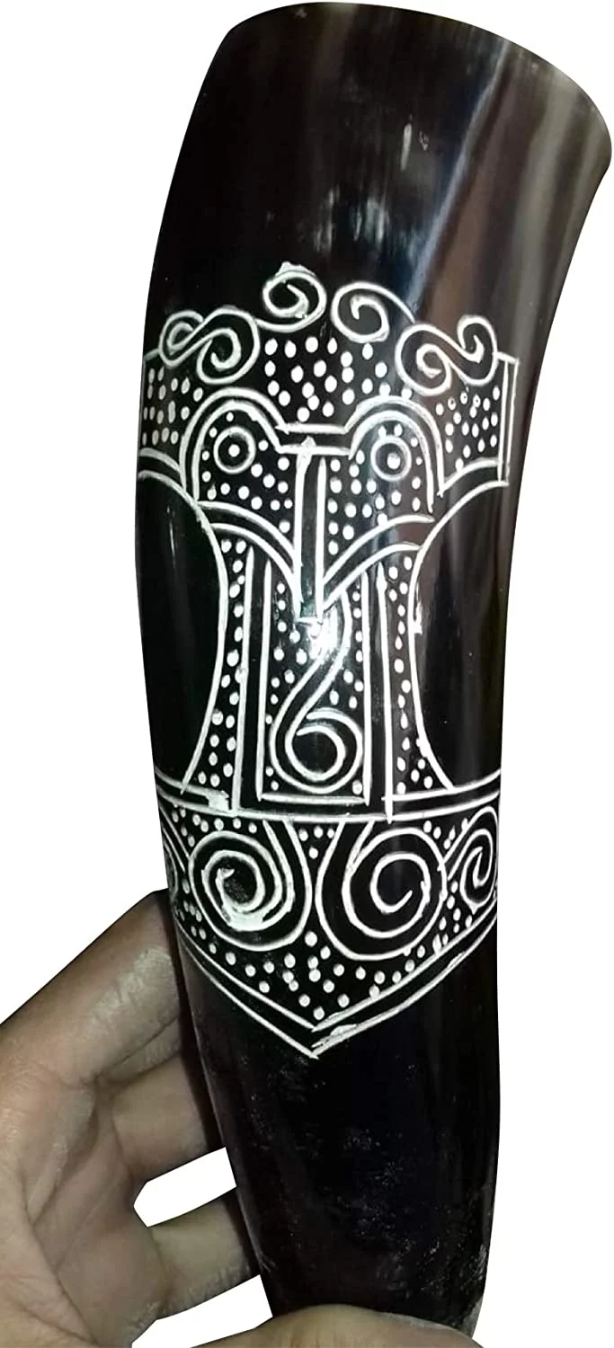 Vintage Ox Large Viking Drinking Horn with Crafted Stand - Real Handcrafted Antique Like Collection Horn Cup for Wine, Mead, Ale and Beer -Ancient Medieval Whiskey Cup Horn Mug (ZEBRA BLACK)
