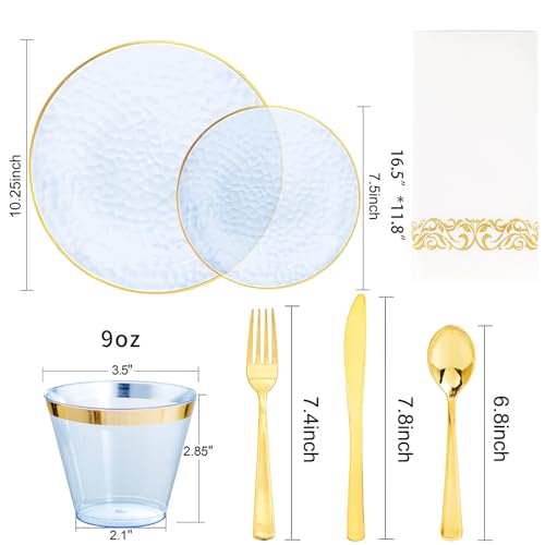 Rubtlamp 350 Pcs Clear Blue Plastic Plates, Blue Gold Plastic Dinnerware Set (50 Guests), Blue Disposable Plates With Gold Rim, Hammered Party Plates Set for Christmas Wedding And Party