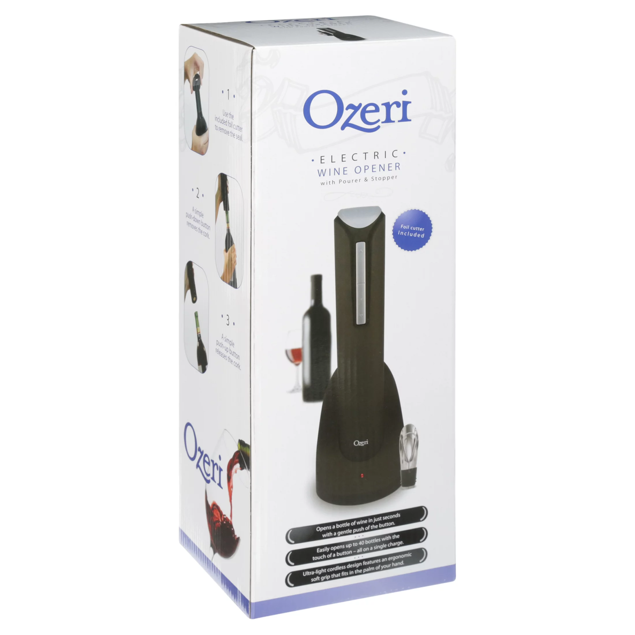 Ozeri Pro Electric Wine Bottle Opener with Wine Pourer, Stopper, Foil Cutter and Elegant Recharging Stand