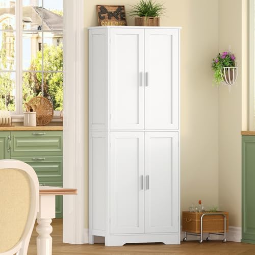 67” Storage Cabinet, Kitchen Pantry Cabinet with 4 Doors and 2 Adjustable Shelves, Cupboard, Tall Bathroom Cabinets for Dining Room, Living Room, White