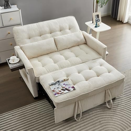 Sleeper Sofa Bed, 52‘’ Convertible Pull Out Couch with Small Table| USB Port | Side Pockets | Corduroy Fabric | Adjustable Backrest for Apartment, Office, Bedroom, Guest Room (Beige)