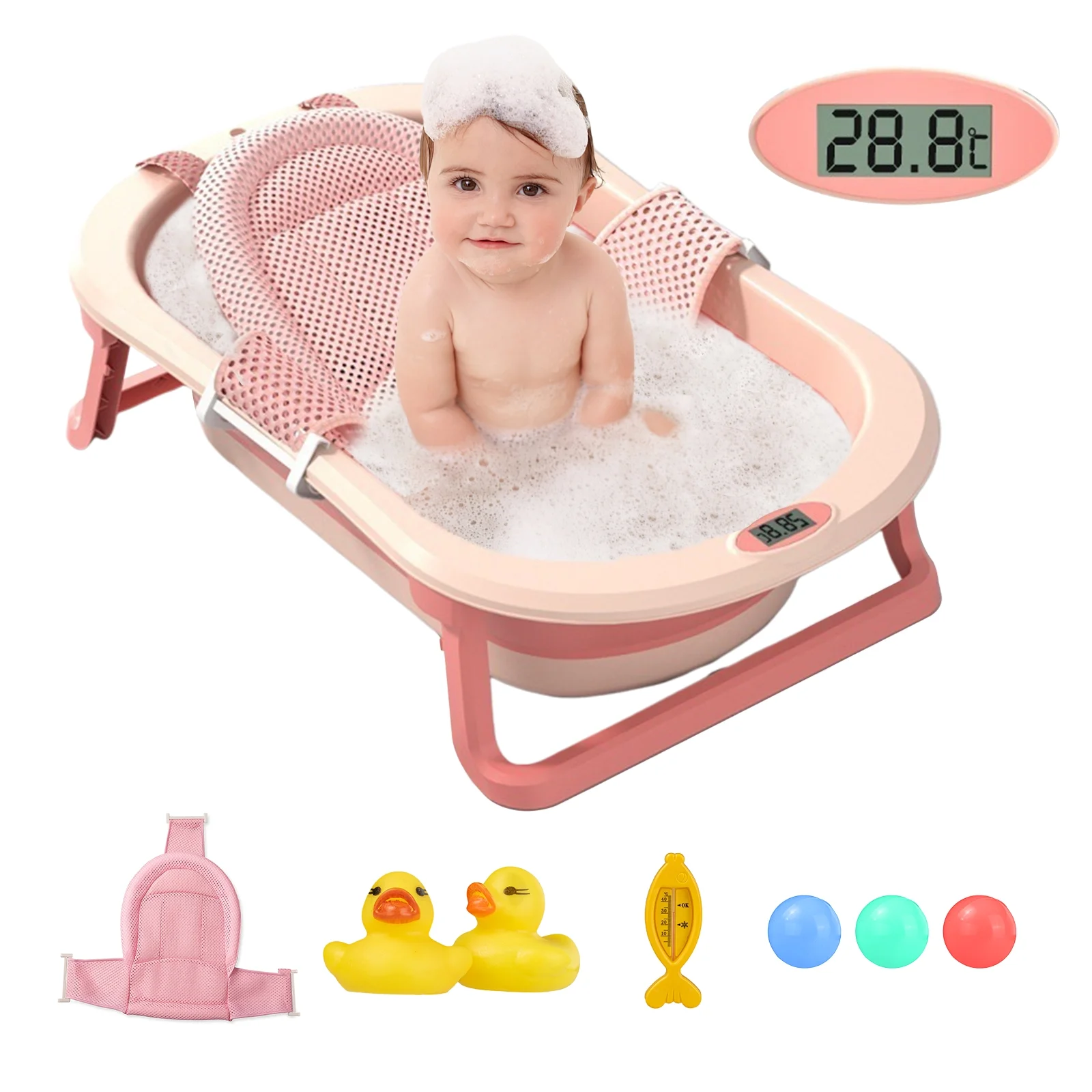 EONROACOO 31in Baby Bathtub with Bath Seat & Toys, Foldable Baby Tub for Infant, Unisex(Pink, Net)