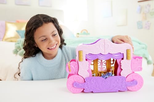 Mattel Disney Princess Carriage to Castle Transforming Playset with Aurora Small Doll, 3 Levels, 6 Play Areas, 4 Figures, Furniture & Accessories