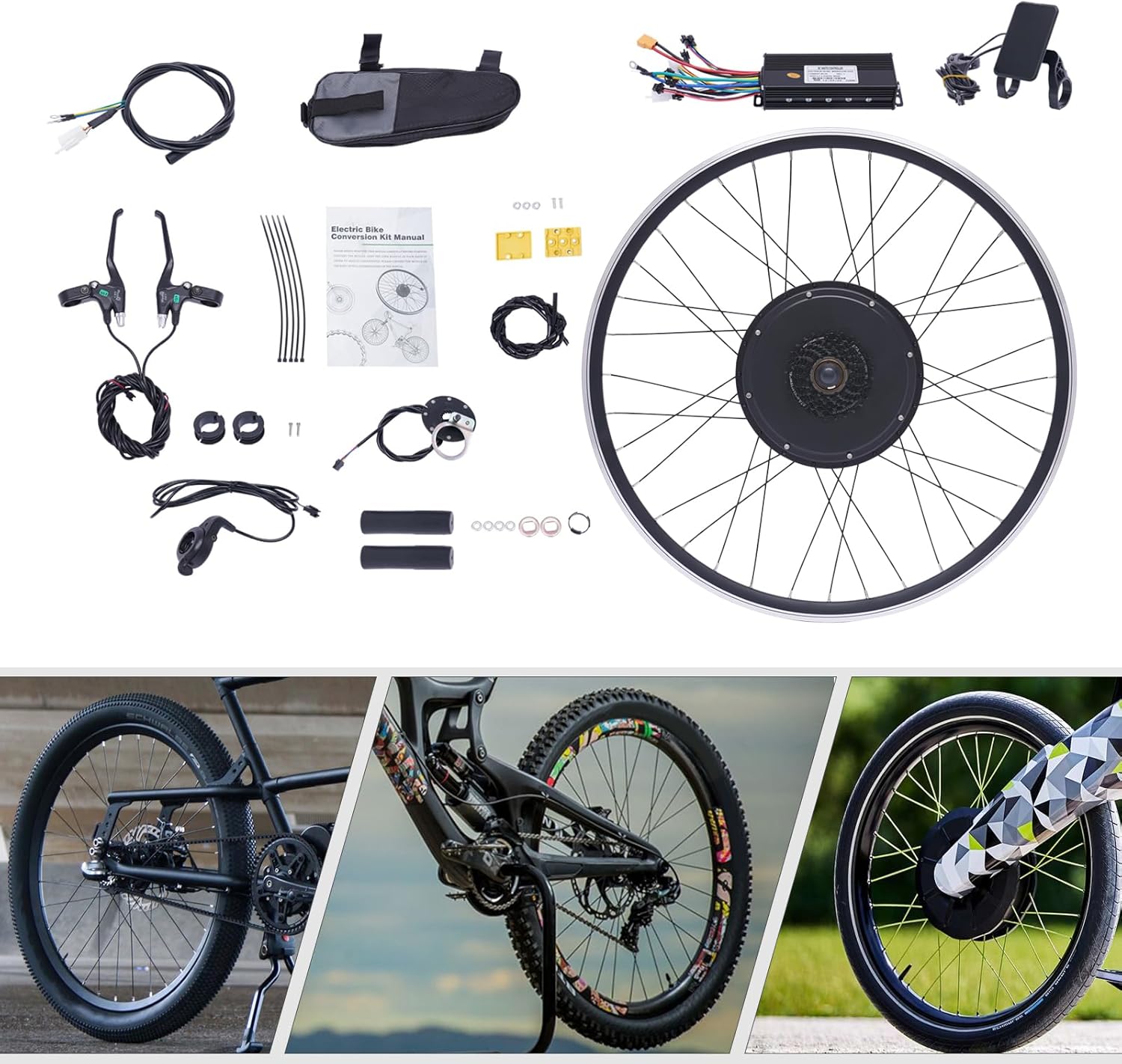 E-Bike Rear Wheel Conversion Kit, 48V 1000W Electric Bicycle Conversion Kit E-Bike Motor Kit with LCD Display, 700C Rear Wheel Powerful Motor E-Bike Conversion Kit 5 Gears Controller