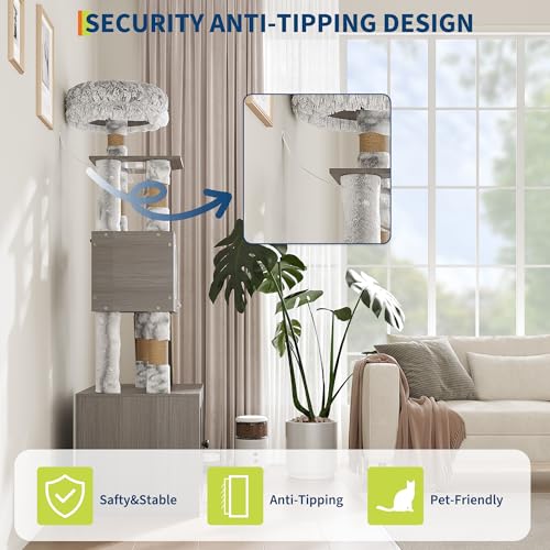 Cat Tree with Litter Box Enclosure, 2-in-1 Cat Tower, 66.9-Inch Tall Cat Condo with Scratching Posts, Perch (Grey)