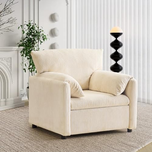 Corduroy Single Sofa Chair Modern Upholstered Accent Chair for Reading Comfy Living Room Chairs with Side Pocket Oversized Armchair for Bedroom, Office(Beige)
